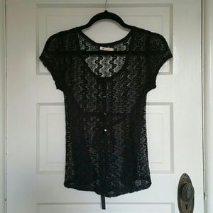 Tulle Sheer Lace Black Button-up w/ Bow Size Small